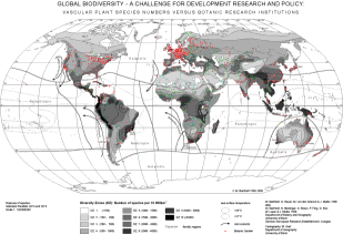 Distribution of more than 500 significant botanical gardens compared to the in-situ species richness of vascular plants